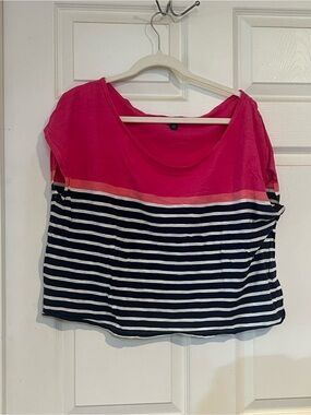 American Eagle Outfitters Pink and Navy Striped Short Sleeve Top